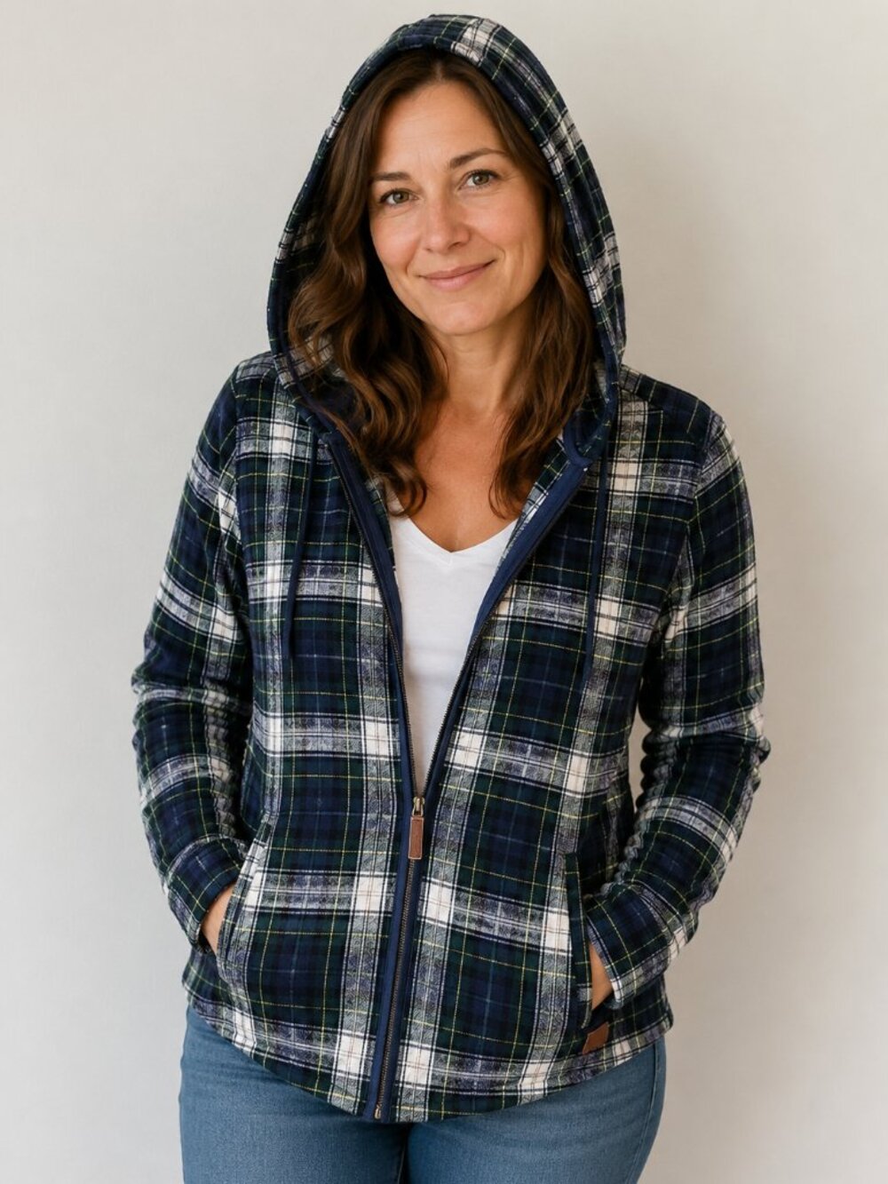 L.L.Bean Women’s XL Scotch Plaid Flannel Zip Hoodie Relaxed Fit 502092